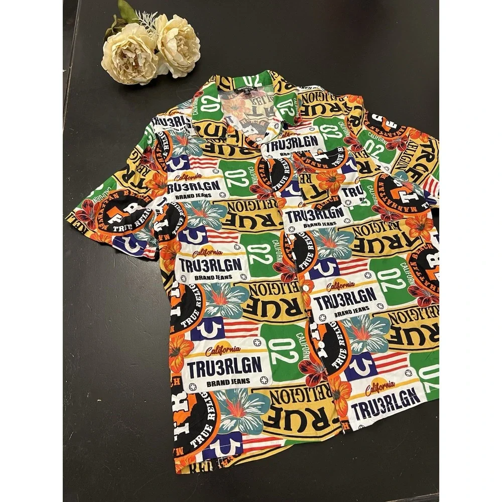 True Religion Colorful Allover West Coast Logo Camp Collar Shirt Men's Sz L